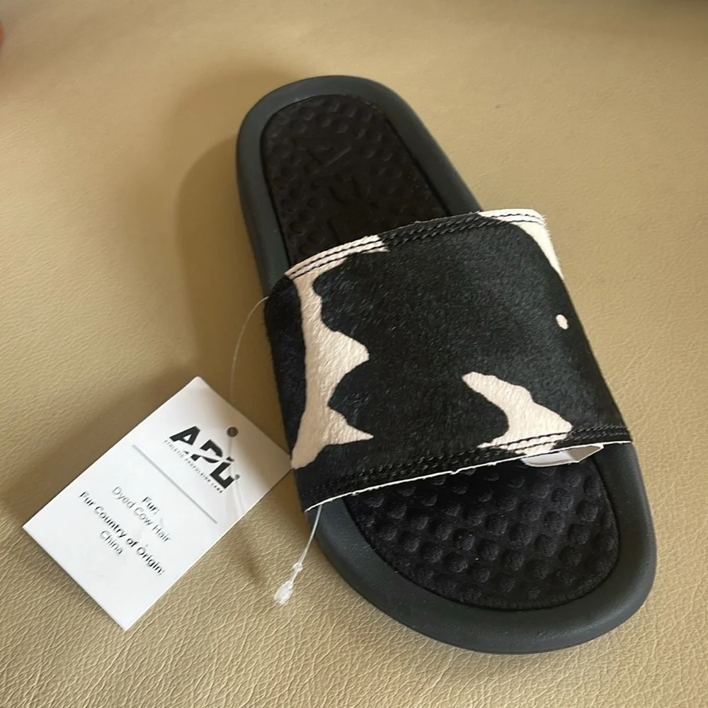 APL NWT NIB LIMITED EDITION $170 B&W DYED COW HAIR LEATHER FUR SLIDES WOMENS 5 - Picture 8 of 13
